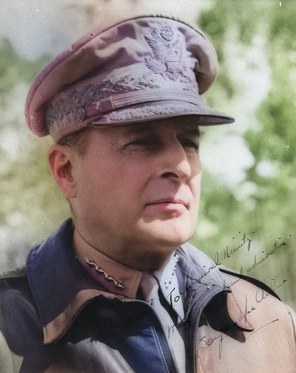 Portrait of MacArthur, circa 1943-1944; text reads 'To Admiral Nimitz.  With regard and admiration.  Douglas MacArthur' [Colorized by WW2DB]