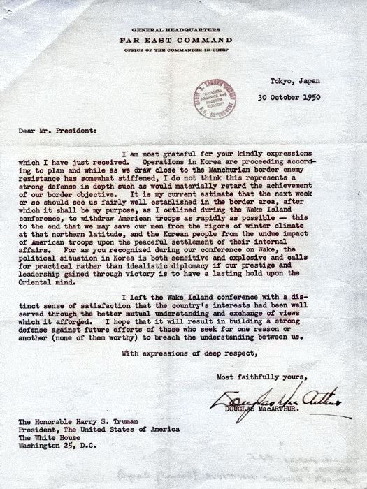 Letter from MacArthur to Truman regarding Wake Island conference, 30 Oct 1950, 1 of 2 [Colorized by WW2DB]