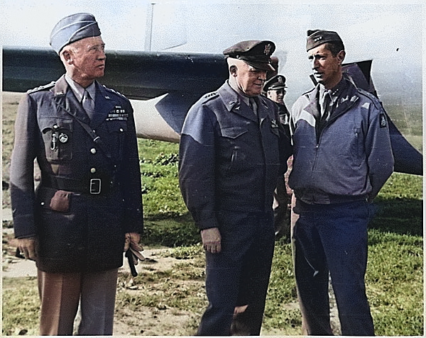 Generals George Patton, Henry “Hap” Arnold, and Mark Clark at the Castelvetrano Airfield, Sicily, Italy, awaiting the arrival of President Roosevelt, 8 Dec 1943. [Colorized by WW2DB]