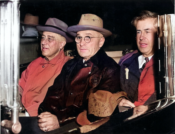 US President Franklin Roosevelt, Harry Truman, and Vice President Henry Wallace in a car, en route from Union Station to Capitol, Washington DC, United States, 10 Nov 1944 [Colorized by WW2DB]