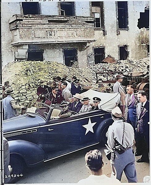 US President Harry Truman, Secretary of State James Byrnes, and Fleet Admiral William Leahy touring the ruins of Hitler's Chancellery, Berlin, Germany, 16 Jul 1945 [Colorized by WW2DB]