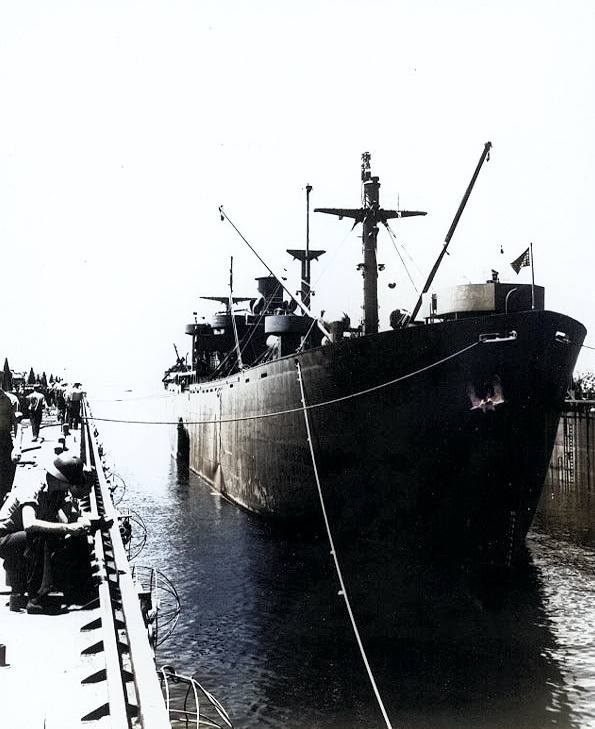 USS Antelope entering USS ABSD-1, Espiritu Santo, New Hebrides, 5 Jan 1945 [Colorized by WW2DB]