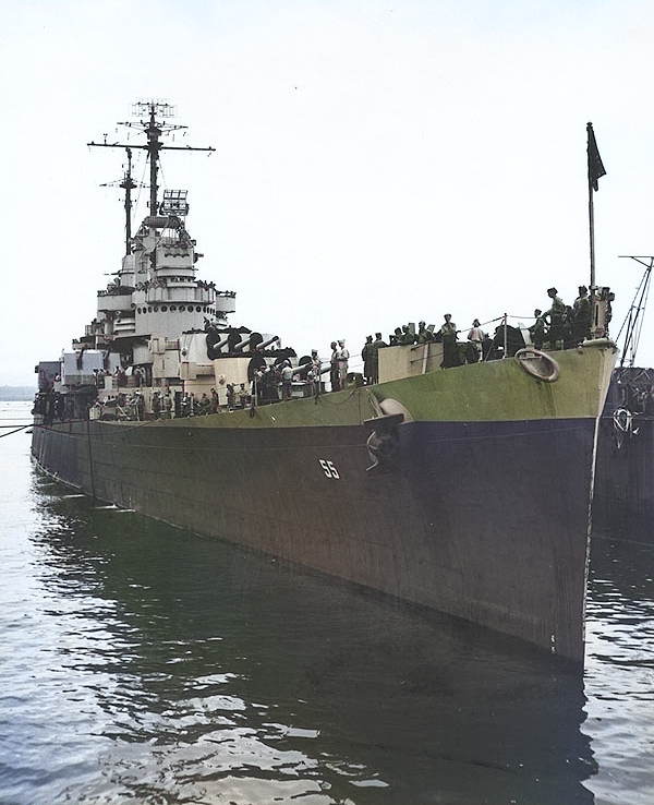 USS Cleveland inside USS ABSD-1 at Aessi Island near Espiritu Santo, New Hebrides, 12 Jan 1944 [Colorized by WW2DB]