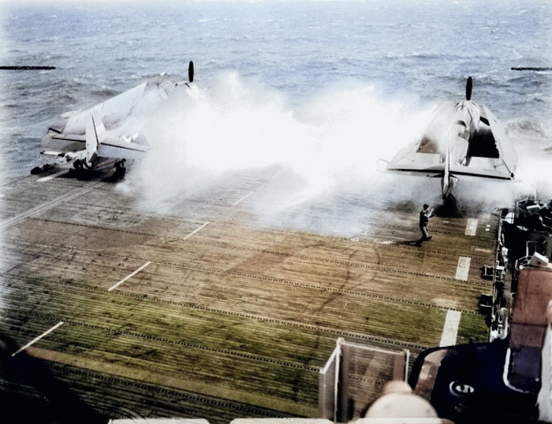 Spray over the bow of USS Anzio, Pacific Ocean, 17 Nov 1944 [Colorized by WW2DB]