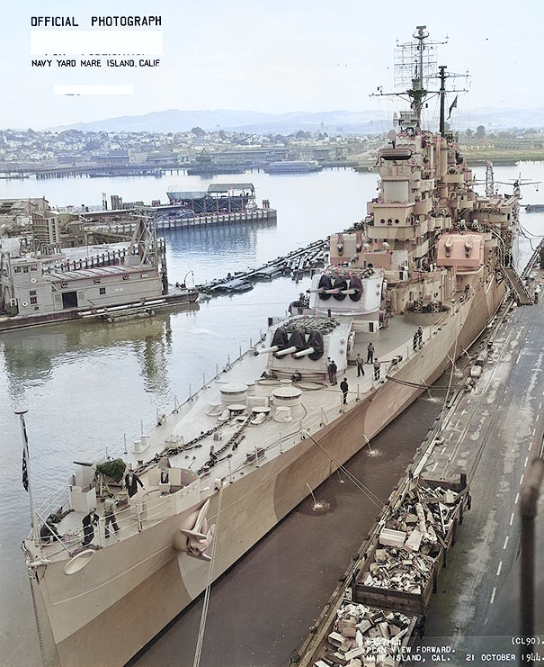 USS Astoria at Mare Island naval Shipyard, California, United States, 21 Oct 1944; photo 1 of 4 [Colorized by WW2DB]