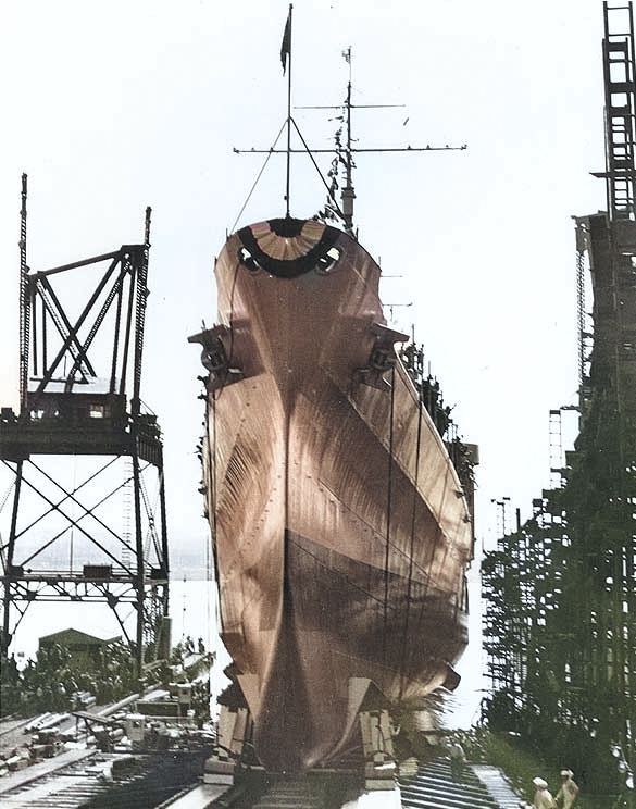 Atlanta slid down the building ways at her launching ceremony, Kearny, NJ, 6 Sep 1941 [Colorized by WW2DB]