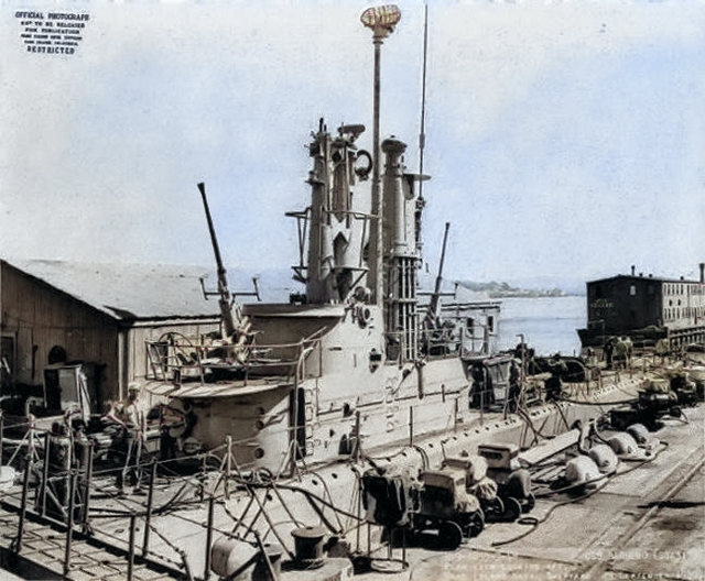 USS Barbero at Mare Island Naval Shipyard, Vallejo, California, United States, 21 Sep 1948 [Colorized by WW2DB]