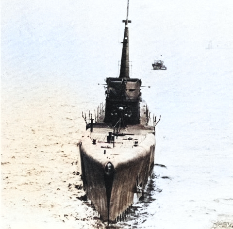 Bow view of USS Cabrilla during her sea trials, Jun 1943 [Colorized by WW2DB]