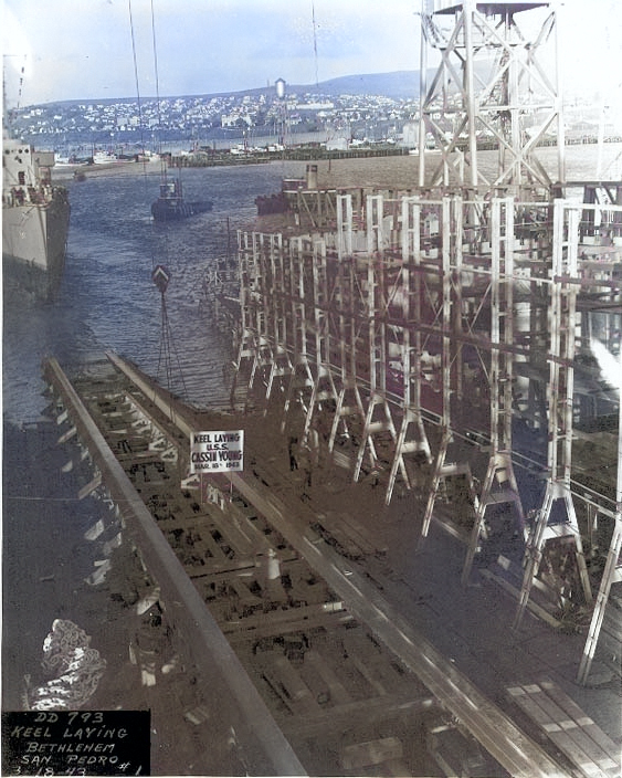 Keel of USS Cassin Young at Bethlehem Shipbuilding Corporation shipyard, San Pedro, California, United States, 18 Mar 1943 [Colorized by WW2DB]