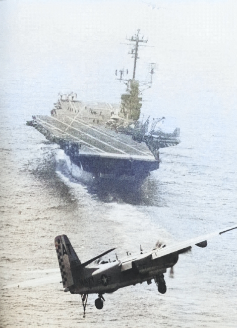 S-2E Tracker aircraft approaching USS Essex in the Mediterranean Sea, 1967; seen in US Navy Naval Aviation News Jan 1970 [Colorized by WW2DB]