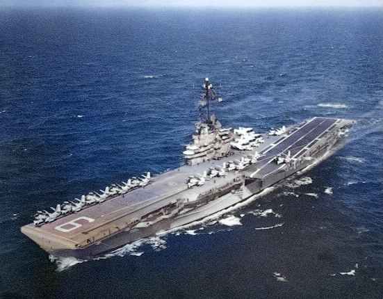 USS Essex underway, 22 Jun 1967; note 12 S-2E Tracker aircraft and 4 E-1B Tracer aircraft on board [Colorized by WW2DB]