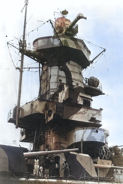 Close-up view of the starboard side of Admiral Graf Spee's forward superstructure, 13-16 Dec 1939 [Colorized by WW2DB]