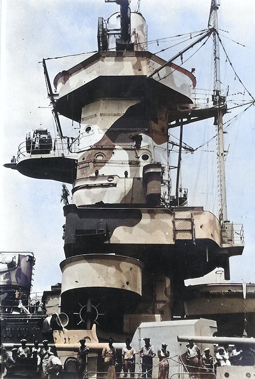 Close-up view of the port side of Admiral Graf Spee's forward superstructure, 13-16 Dec 1939 [Colorized by WW2DB]