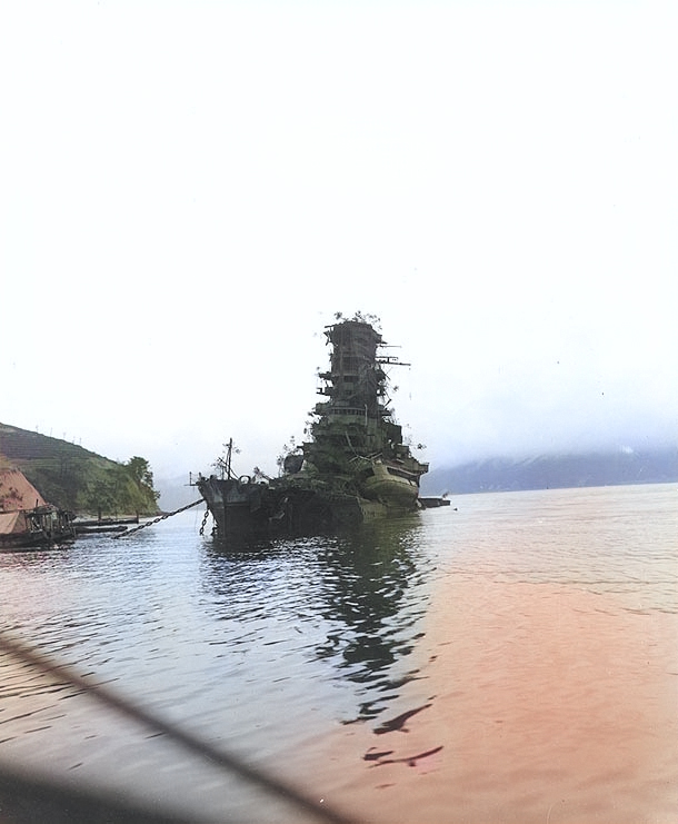 Battleship Haruna in her sunken state at Kure, Japan, Oct 1945 [Colorized by WW2DB]