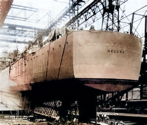 View of Helena's stern prior to launch, New York Navy Yard, Brooklyn, New York, United States, 28 Aug 1938 [Colorized by WW2DB]