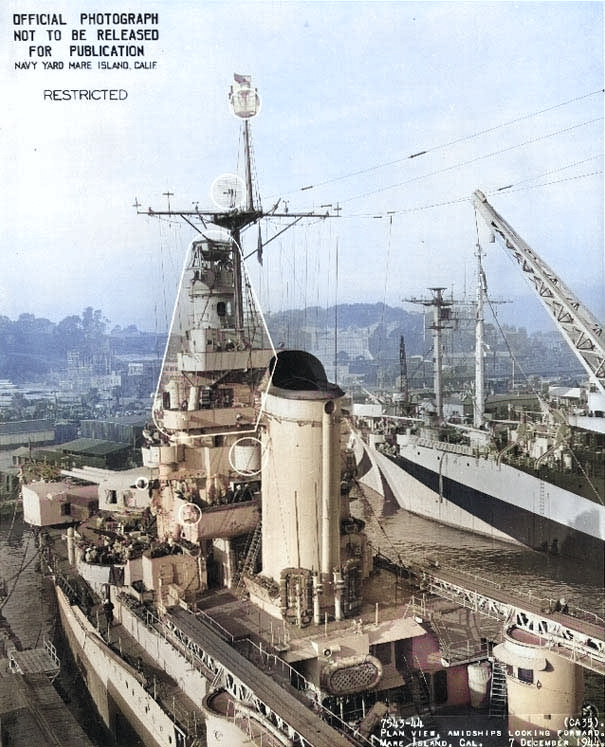 View of Indianapolis' port forward half, Mare Island Navy Yard, 7 Dec 1944 [Colorized by WW2DB]