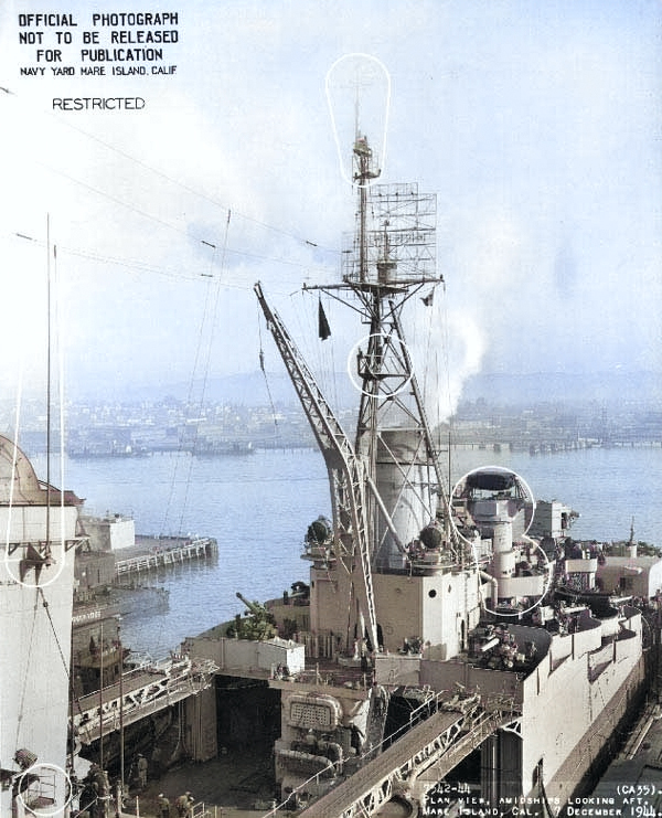 View of Indianapolis' her port after half, Mare Island Navy Yard, 7 Dec 1944 [Colorized by WW2DB]