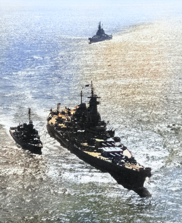 USS Missouri leading USS Iowa into Tokyo Bay, Japan, 30 Aug 1945, photo 1 of 2; note destroyer USS Nicholas in escort [Colorized by WW2DB]