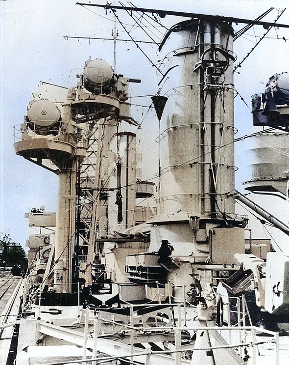 View on deck amidships of Königsberg, looking forward on the port side, circa 1938 [Colorized by WW2DB]