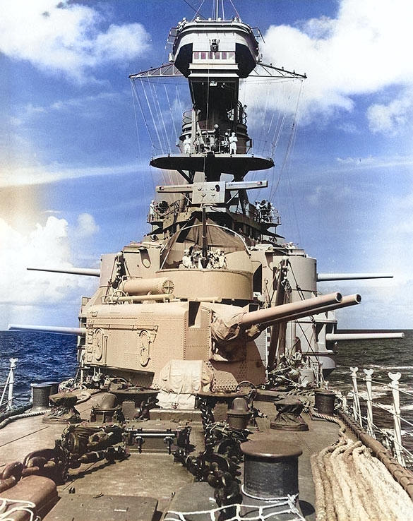 View of Memphis' superstructure from the bow, South Atlantic, circa 1941-1942 [Colorized by WW2DB]