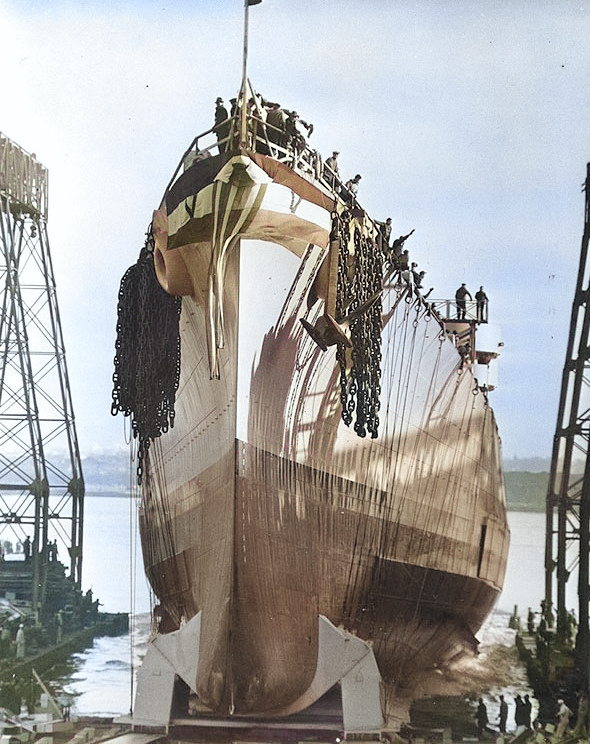 Launching of light cruiser Miami, William Cramp and Sons, Philadelphia, Pennsylvania, United States, 8 Dec 1942 [Colorized by WW2DB]