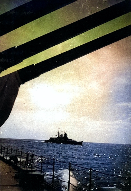 Mikuma at sea in 1938, seen from another Japanese warship [Colorized by WW2DB]