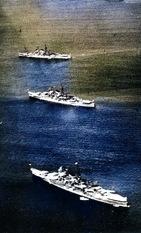 Kumano (foreground, one funnel band), Mikuma (center, two funnel bands), and Suzuya (background, three funnel bands) in Ise Bay, Japan, summer 1938 [Colorized by WW2DB]