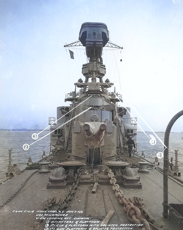 View of USS Milwaukee's forward superstructure, at New York Navy Yard, United States, 7 Jan 1942 [Colorized by WW2DB]