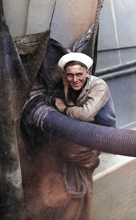 A sailor fueling USS New Mexico, circa 1919 [Colorized by WW2DB]