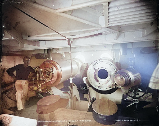 Breech of after turret 13-inch guns aboard USS Oregon, circa 1898 [Colorized by WW2DB]