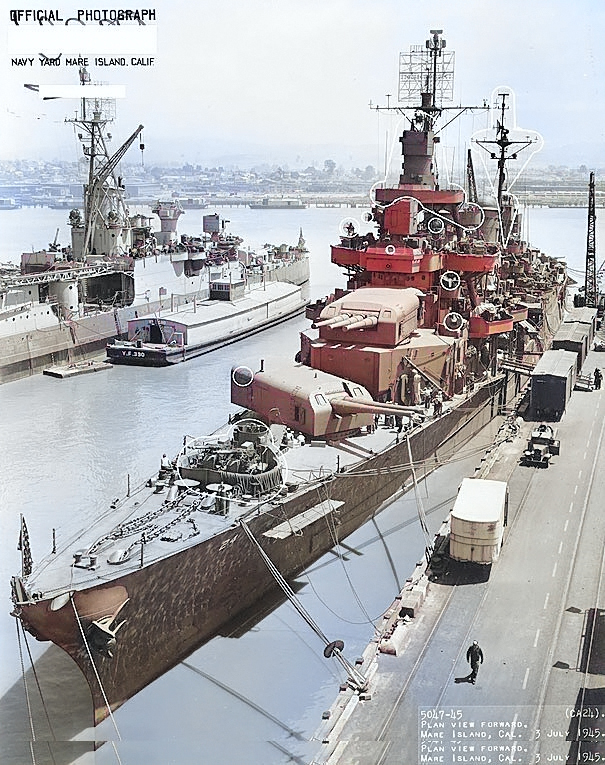 Cruiser Pensacola at end of her final overhaul, with circles marking alterations to the ship, Mare Island Navy Yard, California, United States, 3 Jul 1945; note cruiser Indianapolis and lighter YF-390 [Colorized by WW2DB]