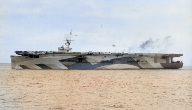 USS Shamrock Bay in measure 33 design 10A camouflage at Astoria, Oregon, United States, Apr 1944 [Colorized by WW2DB]