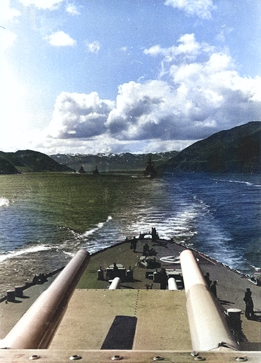 Photo taken from atop Tirpitz's rear turret, looking back at other German warships [Colorized by WW2DB]