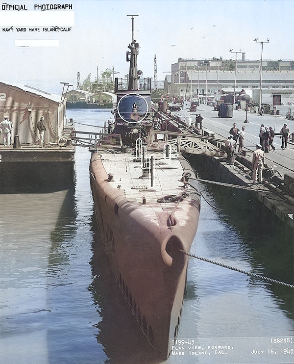 USS Wahoo at Mare Island Navy Yard, Vallejo, California, United States, 16 Jul 1943, photo 1 of 2 [Colorized by WW2DB]