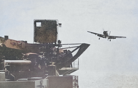 Air show held aboard USS Wasp in honor of Chiang Kaishek, off Taiwan, 10 Jan 1954, photo 4 of 4 [Colorized by WW2DB]