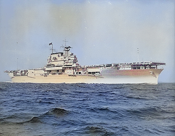 Carrier Yorktown underway prior to her commissioning, 21 Jul 1937 [Colorized by WW2DB]