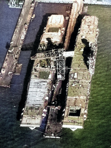 Carriers Enterprise (left) and Yorktown (right) under construction at Newport News, Virginia, United States, 8 Feb 1937 [Colorized by WW2DB]