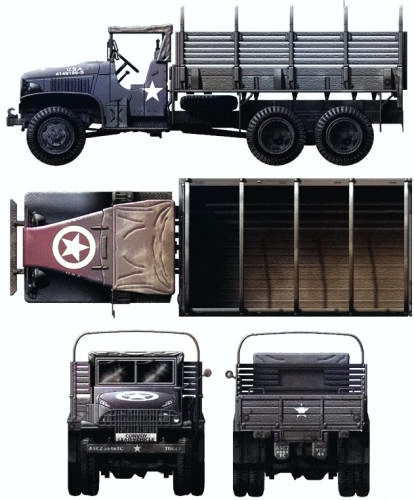 Technical drawing of GMC CCKW 2 1/2-ton 6x6 open cab long wheel base transport without winch, 1943 or later [Colorized by WW2DB]