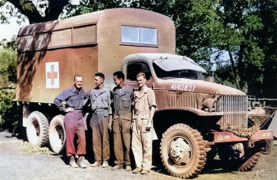 Early CCKW 2 1/2-ton 6x6 long wheel-base chassis truck fitted with a Mobile Dental unit for the 47th Armd Medical Battalion, US 1st Armored Division, probably in Italy, 1944-1945 [Colorized by WW2DB]