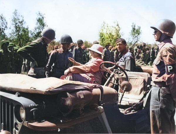 US Secretary of War Henry L. Stimson greeting a Japanese-American US Army captain of 442nd Regimental Combat Team, Route 68, north of Cecina, Italy, 6 Jul 1944 [Colorized by WW2DB]