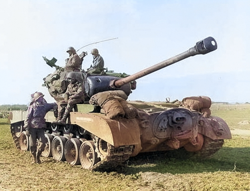 M26 Pershing heavy tank of US 9th Armored Division, near Vettweiss, Germany, Mar 1945 [Colorized by WW2DB]