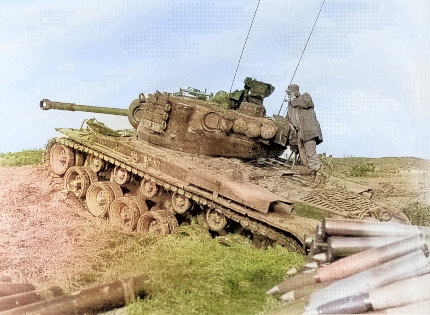 M46 Patton medium tank of US 1st Marine Tank Battalion, Korea, Dec 1952 [Colorized by WW2DB]