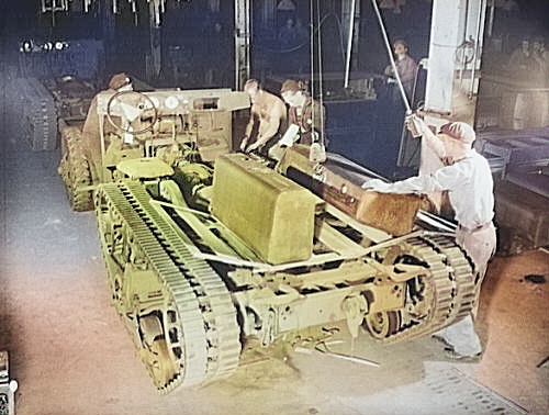 M2 Half-track vehicles under construction, Diebold Safe and Lock Company factory, Canton, Ohio, United States, Dec 1941, photo 2 of 4 [Colorized by WW2DB]