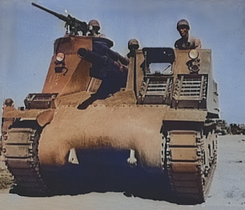 M7 self-propelled artillery vehicle being tested for desert warfare near Iron Mountain, California, United States, circa 1940; the men were Corporal Downing (left, manning machine gun), Corporal L. Roberts (center, manning howitzer), and Lieutenant M. Hutchison (right); photo 2 of 2 [Colorized by WW2DB]