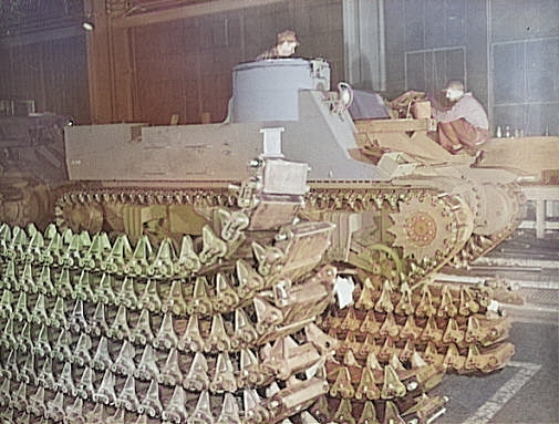 M7 self-propelled artillery vehicle being constructed by the American Locomotive Company in Schenectady, New York, United States, Jan 1943 [Colorized by WW2DB]