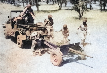 Anti-tank company of 1st Filipino Infantry Regiment in exercise with 37 mm Gun M3, 1943, photo 2 of 5 [Colorized by WW2DB]