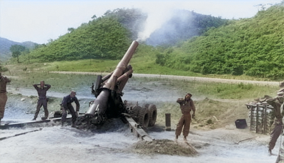 M115 howitzer of 17th Field Artillery Battalion, US 45th Infantry Division firing, north of Yonchon, Korea, 27 May 1952 [Colorized by WW2DB]