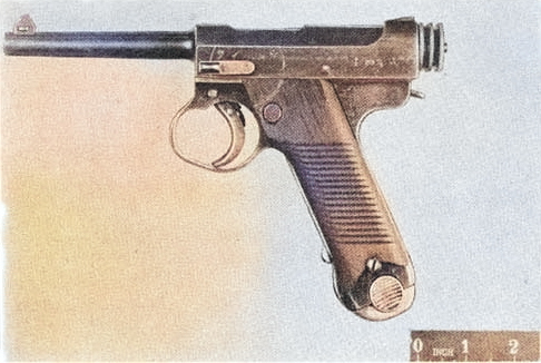 Nambu Type 14 pistol as seen in figure 1 of US Army Medical Department publication 'Wound Ballistics', 1962 [Colorized by WW2DB]