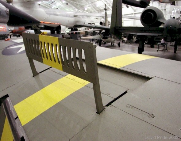 Close-up of the North American A-36A Mustang aircraft open dive brakes at the USAF Museum at Wright-Patterson AFB in Dayton, Ohio, United States