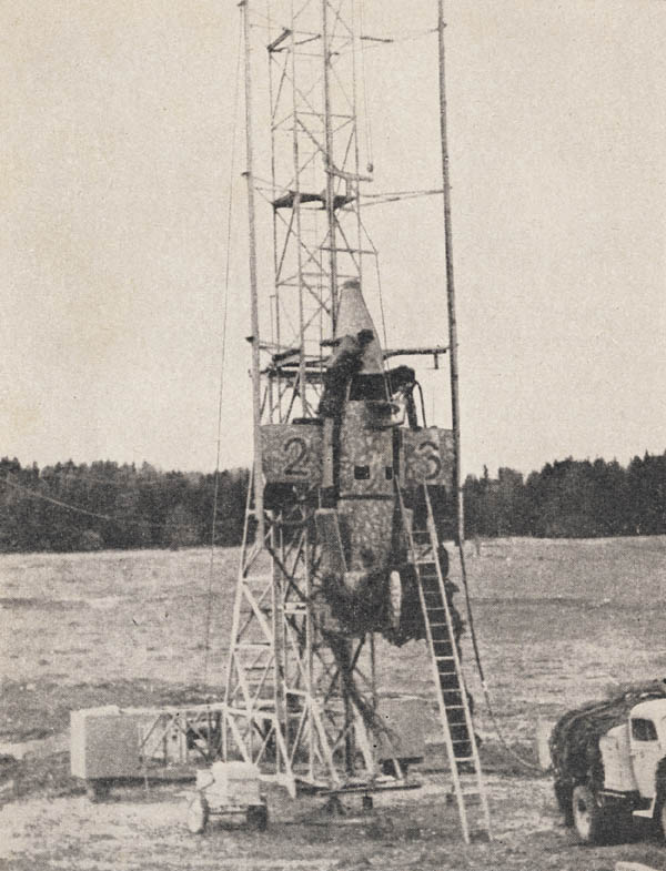 Ba 349 Natter rocket interceptor being prepared for launch, circa early 1945; seen in bulletin 'Guided Missiles-The Weapon of the Future' published by US War Department in Apr 1946